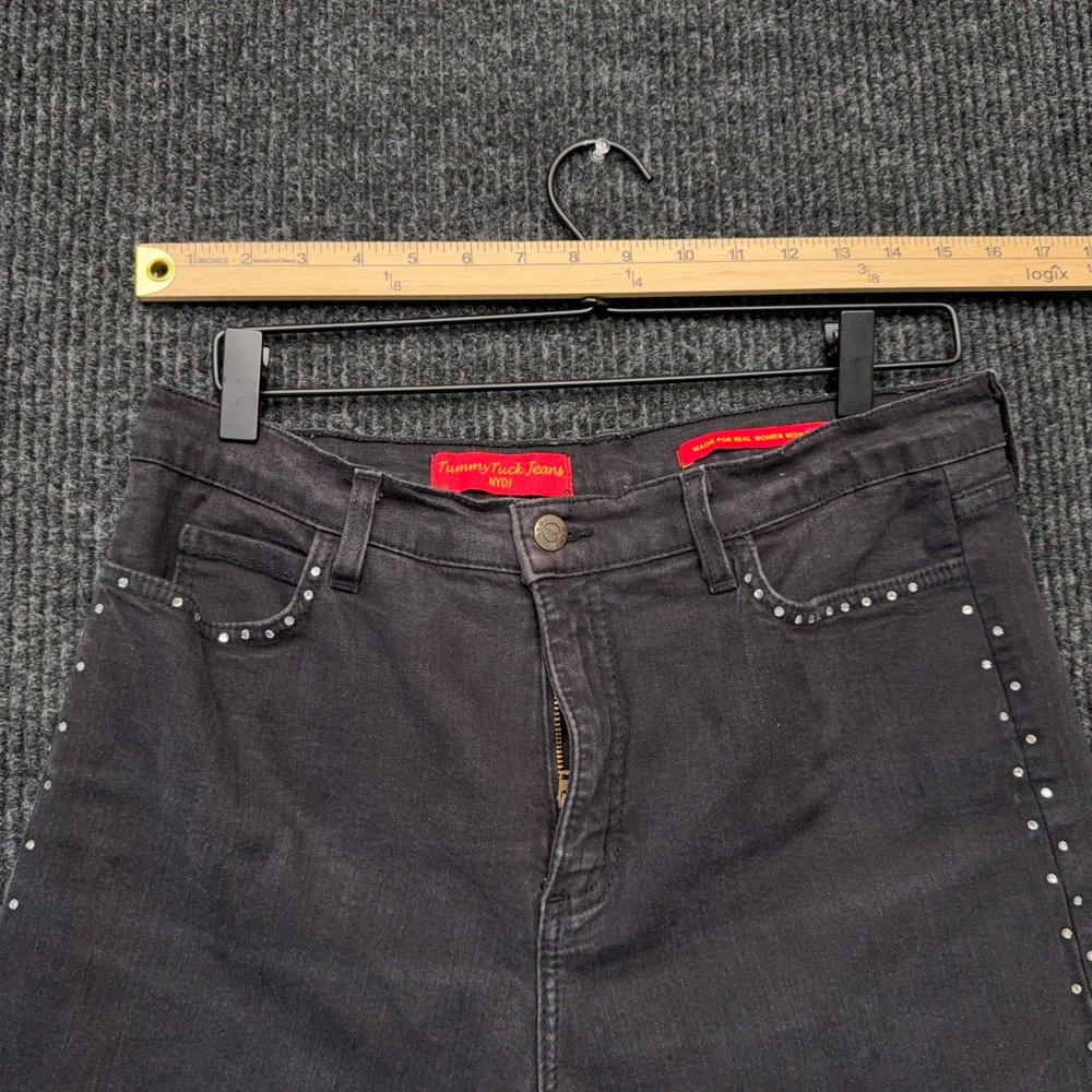 NYDJ Tummy Tuck Jeans Womens 14 Black Good Rhinestone Studded Straight Leg USA - Picture 4 of 6